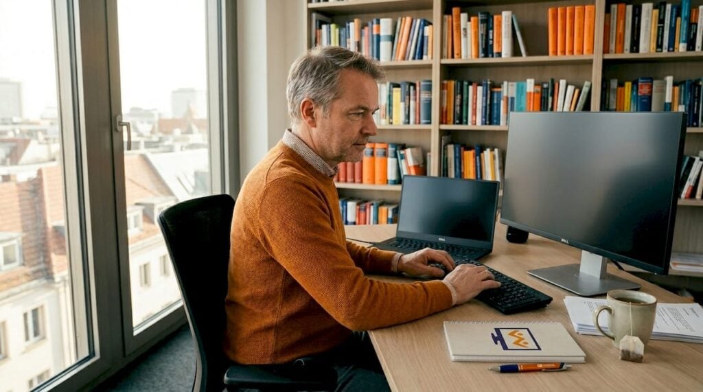 Ein Mitarbeiter beschäftigt sich mit der Optimierung von Arbeitsabläufen im Büro.