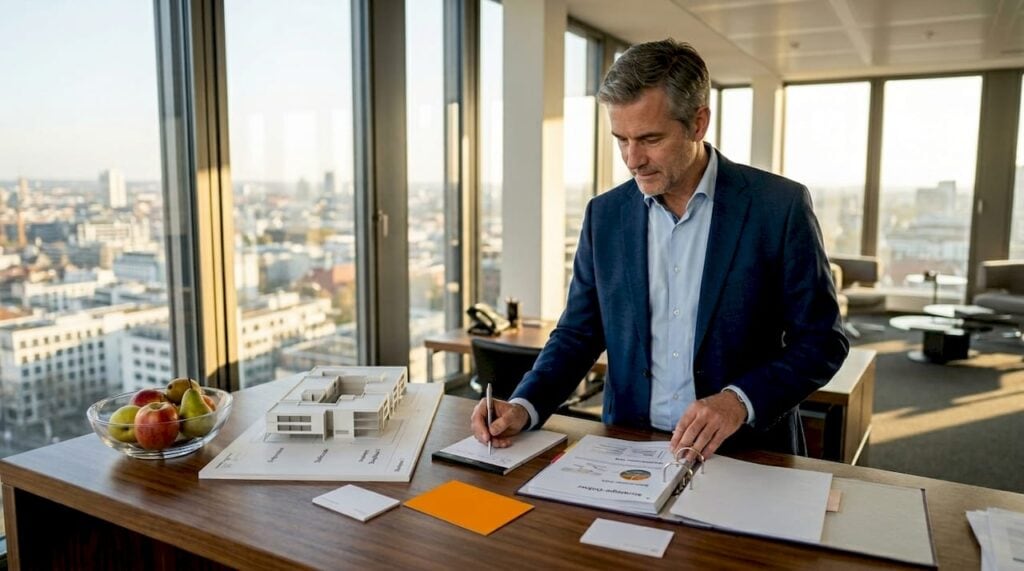 Ein Manager sammelt kreative Ideen an seinem Schreibtisch in einem lichtdurchfluteten Büro.