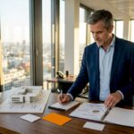 Ein Manager sammelt kreative Ideen an seinem Schreibtisch in einem lichtdurchfluteten Büro.