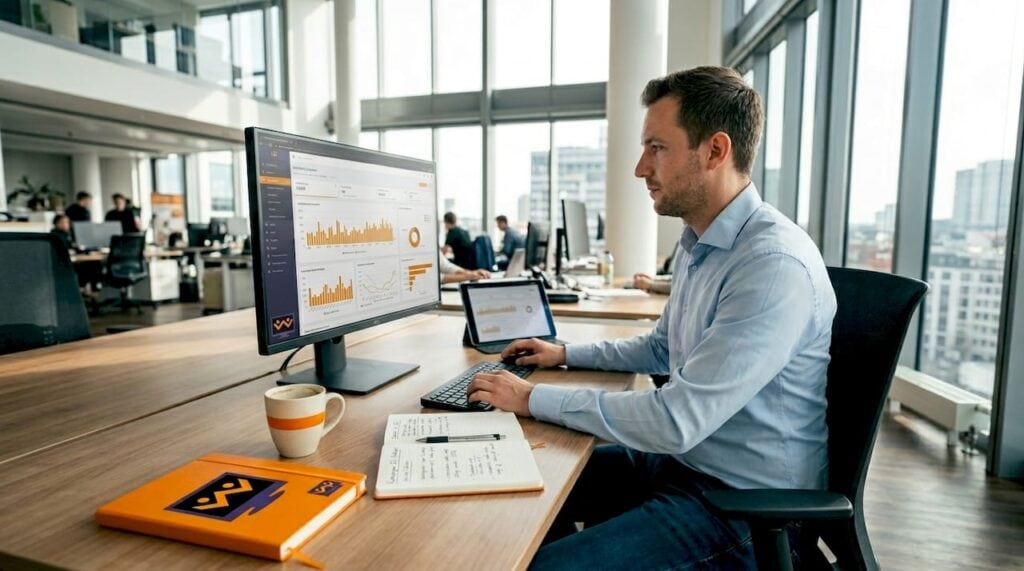 Eine Marketing-Analystin wertet KI-basierte Daten am Computer aus.