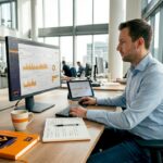Eine Marketing-Analystin wertet KI-basierte Daten am Computer aus.