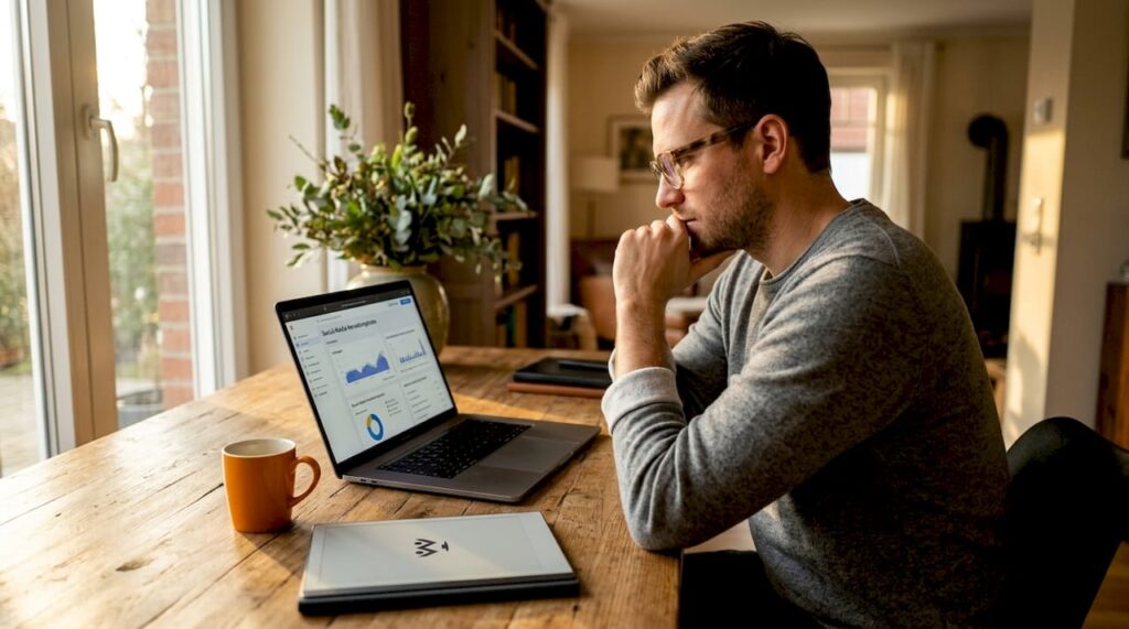 Marketingprofi arbeitet im Homeoffice am Laptop