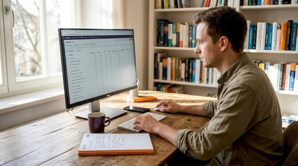 Eine SEO-Expertin analysiert an ihrem heimischen Schreibtisch aktuelle Keyword-Daten.
