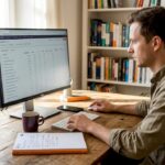 Eine SEO-Expertin analysiert an ihrem heimischen Schreibtisch aktuelle Keyword-Daten.