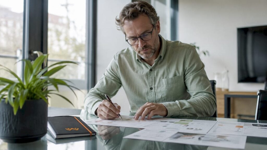 Im Büro analysiert ein Mitarbeiter die Customer Journey anhand von Karten.