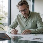 Im Büro analysiert ein Mitarbeiter die Customer Journey anhand von Karten.