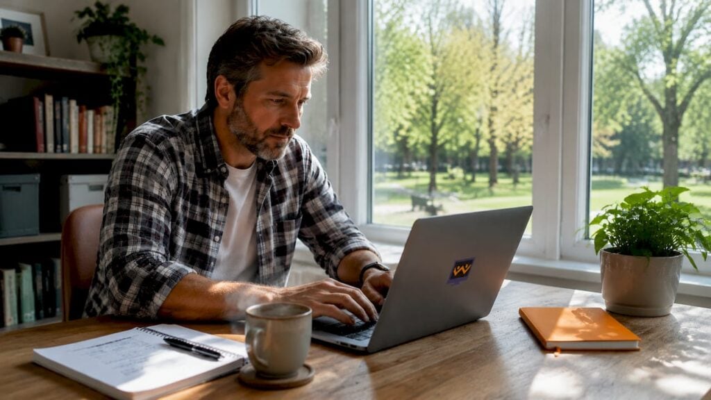 Ein Mitarbeiter setzt im Büro KI-Technologien ein, um den Kundenservice effizienter zu gestalten.