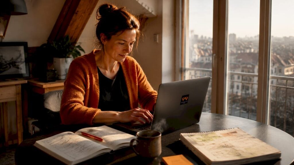 Eine professionelle Mitarbeiterin arbeitet konzentriert am Laptop in einem lichtdurchfluteten Büro.