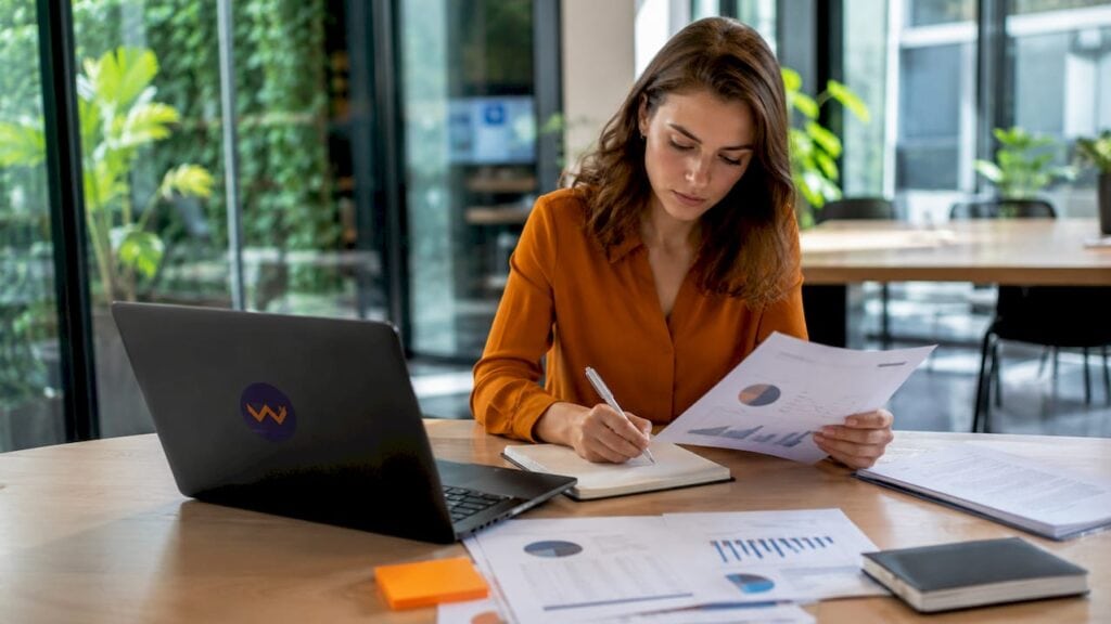 Eine Business Analystin analysiert Automatisierungsdaten direkt am Arbeitsplatz.