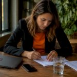 Eine Marketingmanagerin sichtet am Schreibtisch ihre Liste potenzieller Kunden.