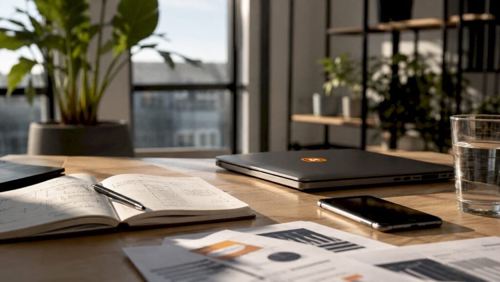 Moderner Arbeitsplatz mit technischer Ausstattung und handschriftlichen Notizen zur Optimierung von Arbeitsabläufen durch Automatisierung.