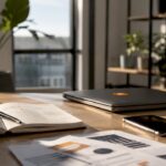 Moderner Arbeitsplatz mit technischer Ausstattung und handschriftlichen Notizen zur Optimierung von Arbeitsabläufen durch Automatisierung.