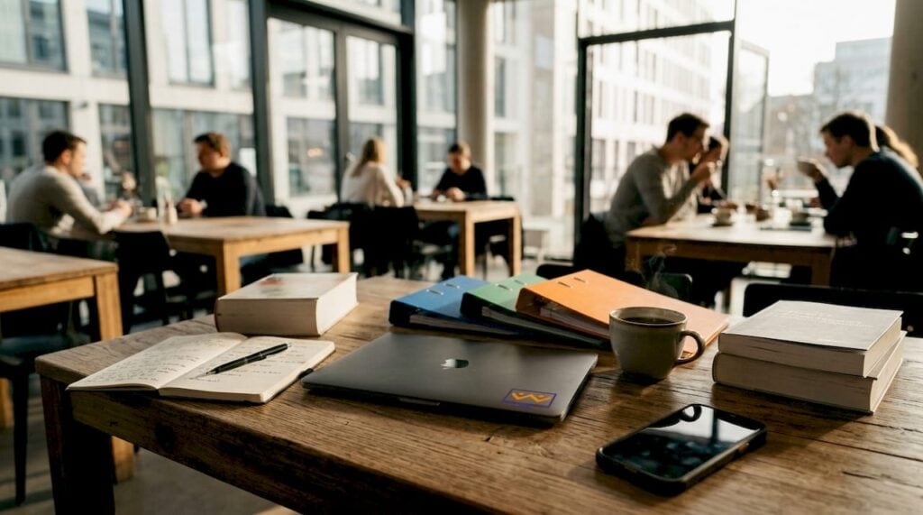 Arbeitsplatz für Marketing-Automatisierung: Laptop und Unterlagen griffbereit