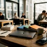 Arbeitsplatz für Marketing-Automatisierung: Laptop und Unterlagen griffbereit