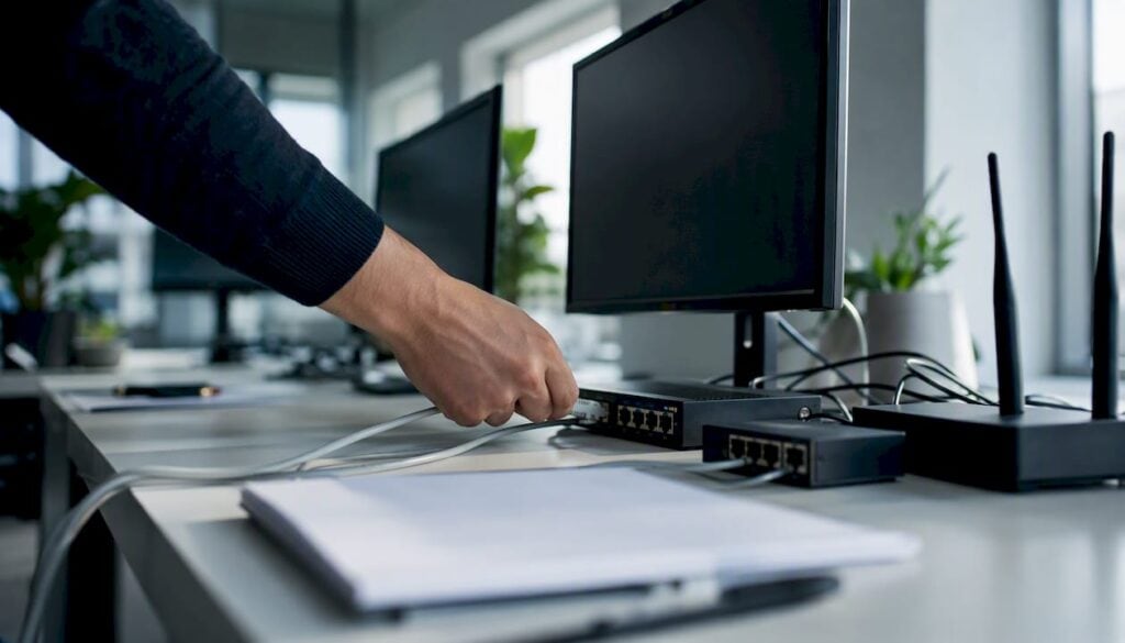 Eine Hand steckt im Büro ein Netzwerkkabel ein.