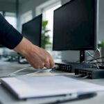 Eine Hand steckt im Büro ein Netzwerkkabel ein.