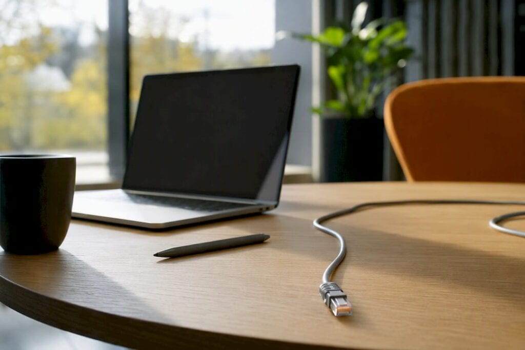 Moderner Arbeitsplatz mit Laptop und Schreibtischecke